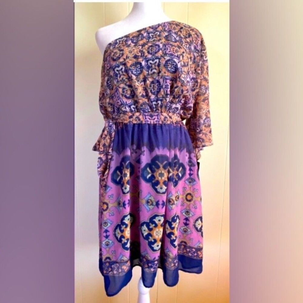 Signature Studio Dress Women’s XL Purple Blue Multipattern Belt Boho One Sleeve